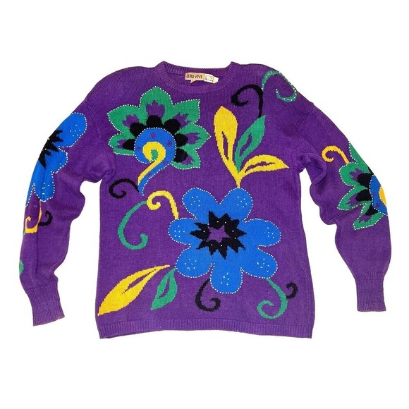 80’s Vtg Crew Neck Sweater Colorful Floral Embroidery & Bead Embellished Women M - Picture 1 of 8